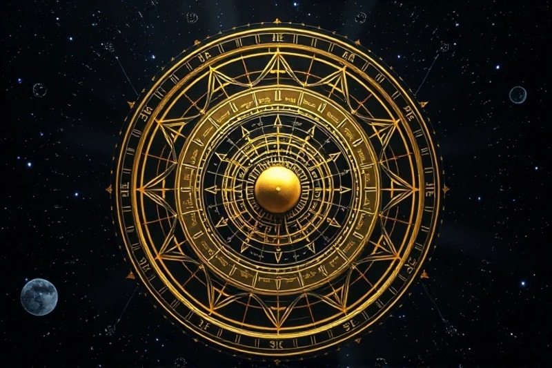 Detailed 3D render of a complex astrological clockwork mechanism with gears and miniature planetary models, illustrating celestial mechanics.
