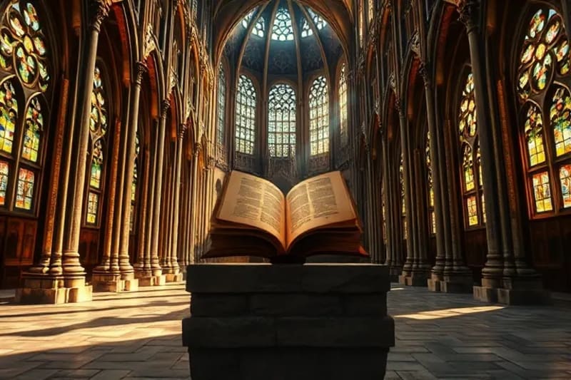 Interior de catedral gótica con luz de vitrales