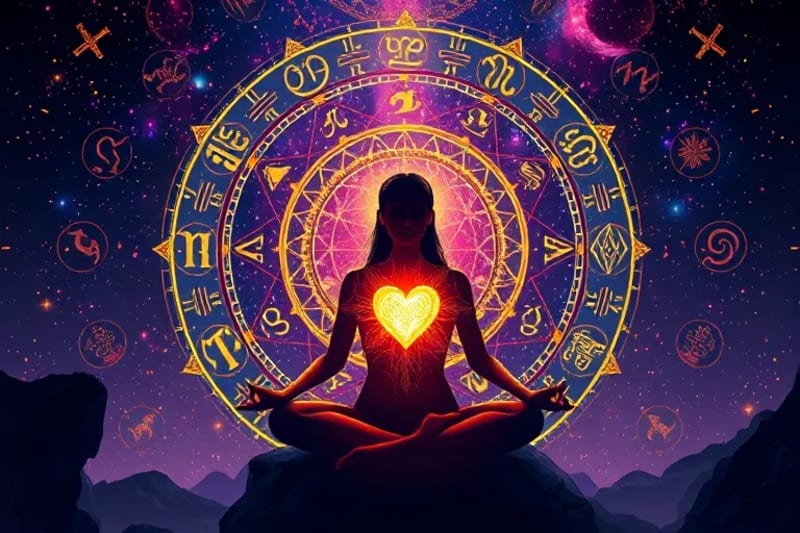 Representación digital de una figura abstracta meditando, rodeada de símbolos astrológicos y energías elementales.