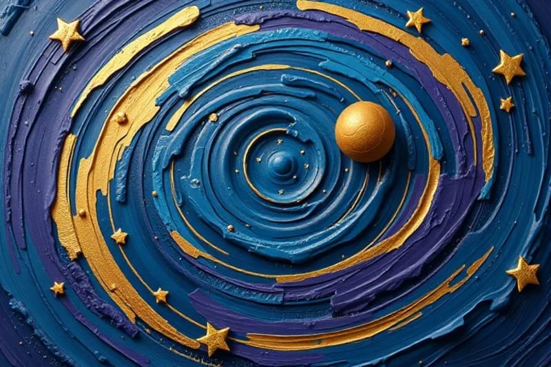 Pintura abstracta con remolinos de colores que representan la naturaleza caótica y ordenada de los tránsitos astrológicos.