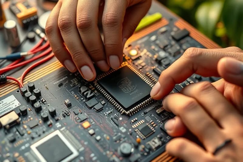 Manos diversas colaborando para ensamblar un producto con componentes reutilizados, simbolizando innovación y regeneración.