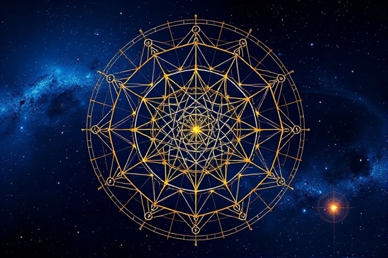 Abstract network of interconnected nodes and lines representing collective human trends and data flow with astrological glyphs.