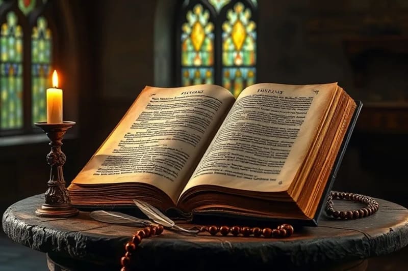 Libro antiguo de teología y rosario en un escritorio iluminado por velas