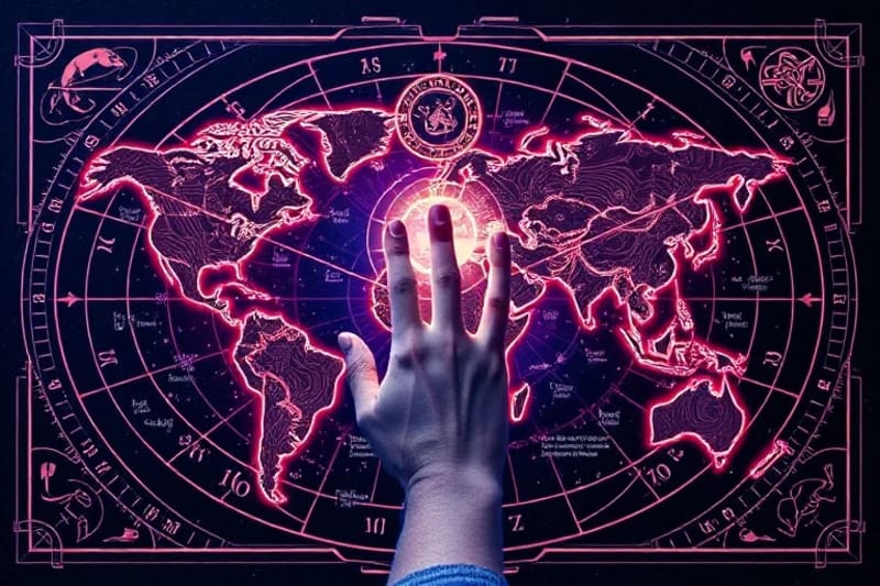 Holographic interface displaying astrological charts and predictive models overlaid with global maps showing emerging trends.