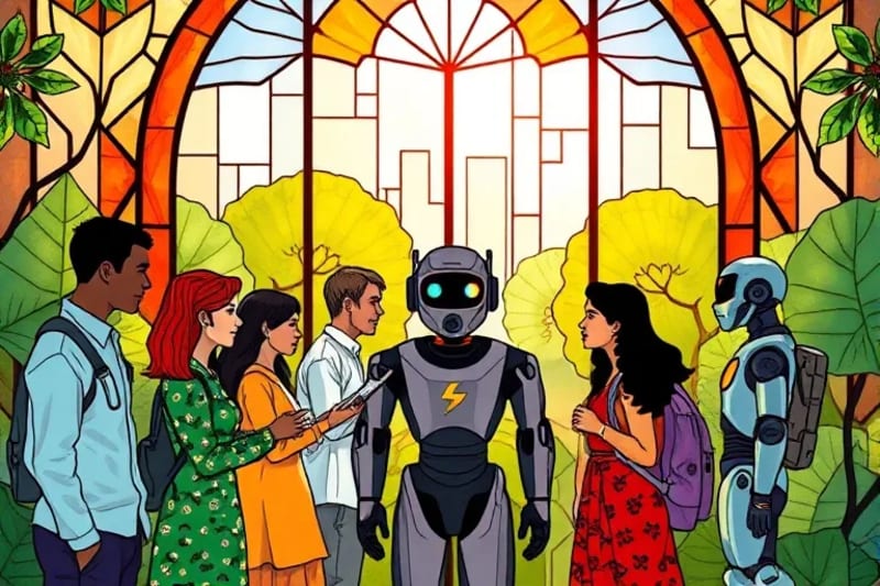 Personas diversas interactuando con interfaces de IA amigables en un entorno urbano sostenible