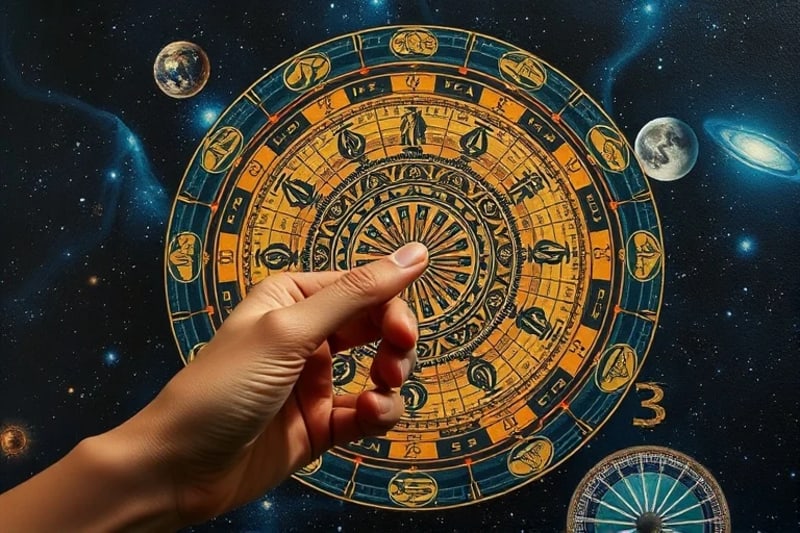 Ancient astrologer studying a complex chart