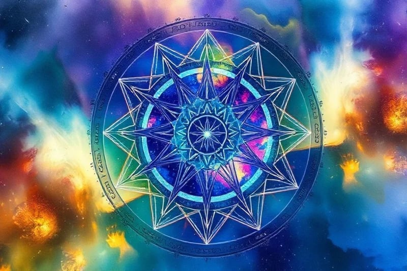 Pintura abstracta de acuarela que representa un viaje del alma, con colores fluidos y patrones numéricos sutiles.