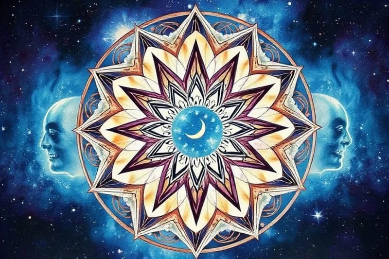 Abstract watercolor painting depicting intertwined roots, human-like figures, and celestial bodies, symbolizing the interconnectedness of life.