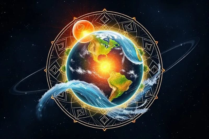 3D render of a stylized Earth surrounded by symbolic elements like sun, moon, changing seasons, and flowing water, representing natural cycles.