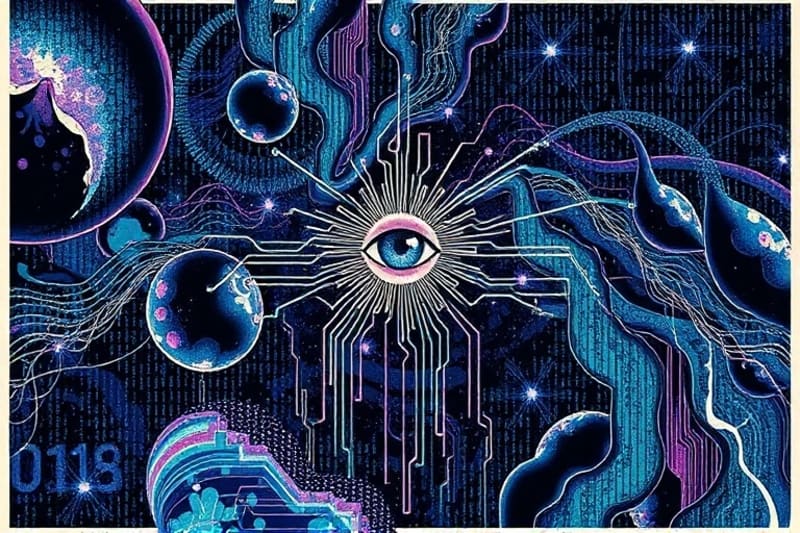 Representación abstracta de la conciencia fusionándose con la tecnología, con patrones de código binario y redes neuronales entrelazados con formas orgánicas y luminosas
