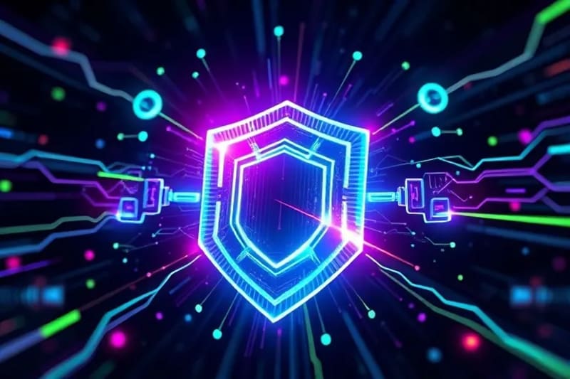 Abstract vector art of cryptographic keys and qubits forming a protective shield