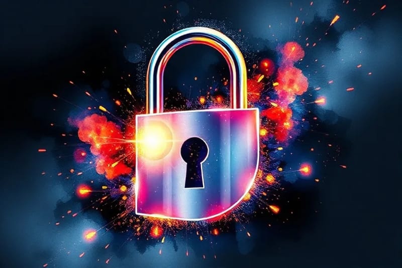 3D render of a stylized padlock transforming into a quantum entanglement symbol