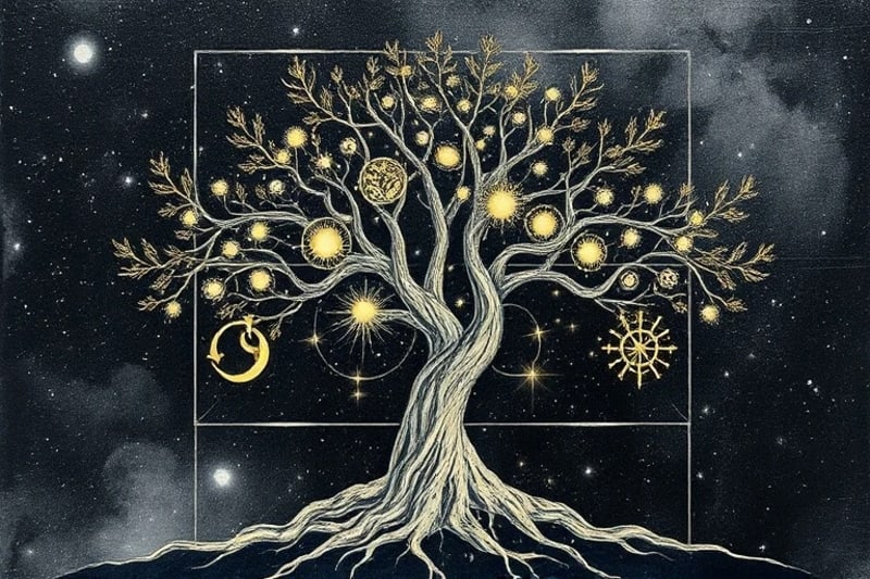 Abstract digital art of a tree of life with roots intertwined with neural pathways and astrological symbols.