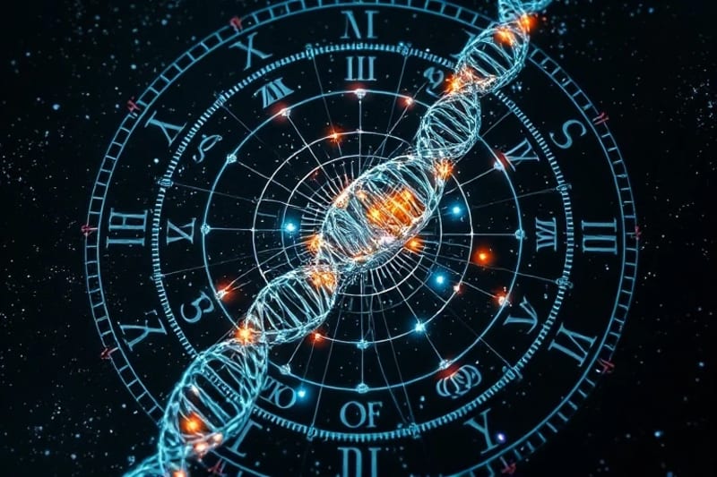 Holographic projection of a birth chart connected to a 3D human genome model.