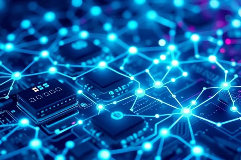Red abstracta de tokens digitales interconectados que simbolizan un sistema financiero descentralizado y seguro