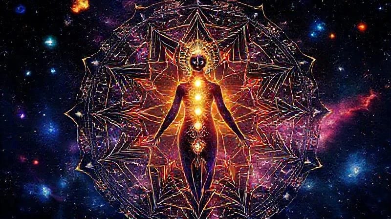 Ilustración vectorial de una figura humana con chakras, rodeada de símbolos de desafíos y dones
