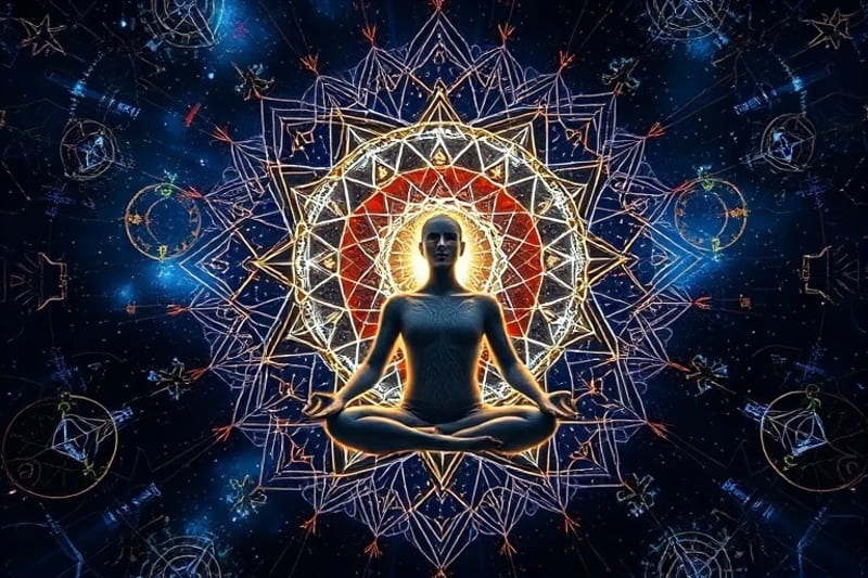 Person meditating peacefully, surrounded by glowing symbols and abstract patterns, illustrating brain activity during dream processing and subconscious thoughts.
