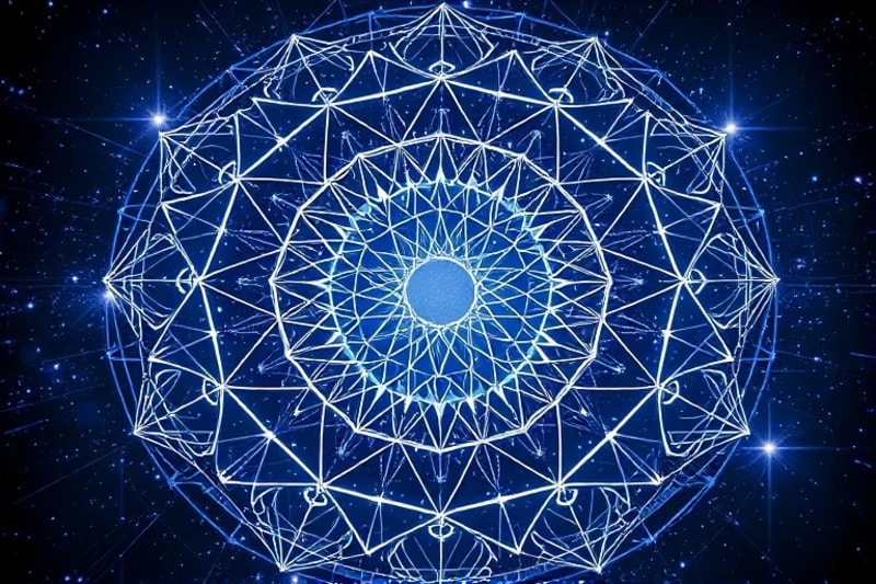 Abstract 3D render of interconnected geometric shapes and light particles forming a dynamic, evolving structure, symbolizing the architecture of the dream world and spiritual exploration.