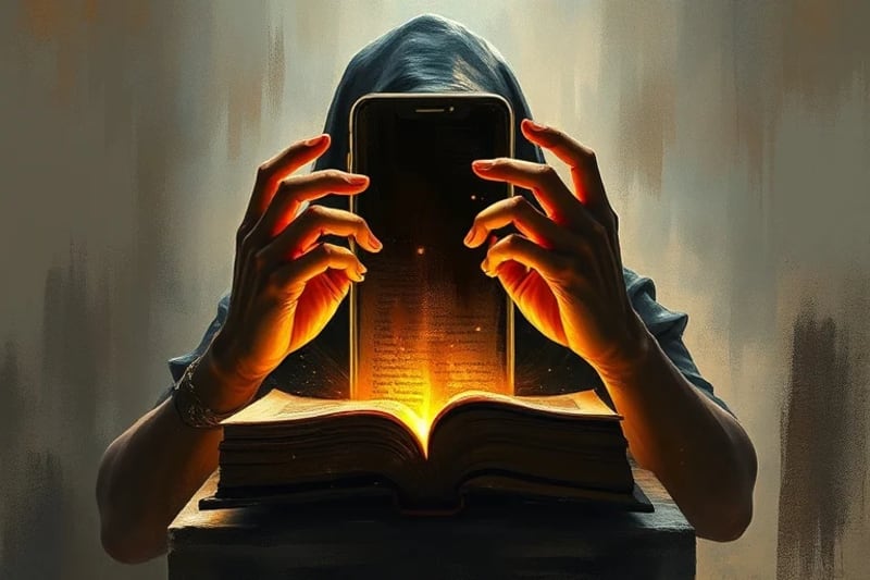 Manos de una persona alcanzando una pantalla de smartphone brillante, con el rostro en sombras, rodeado de fragmentos de información distorsionada