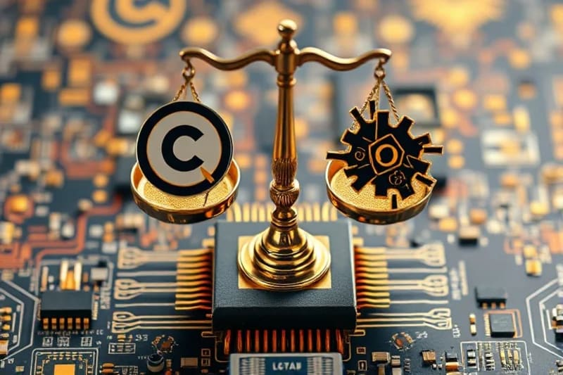 Balanza legal con símbolos de copyright y algoritmos de IA