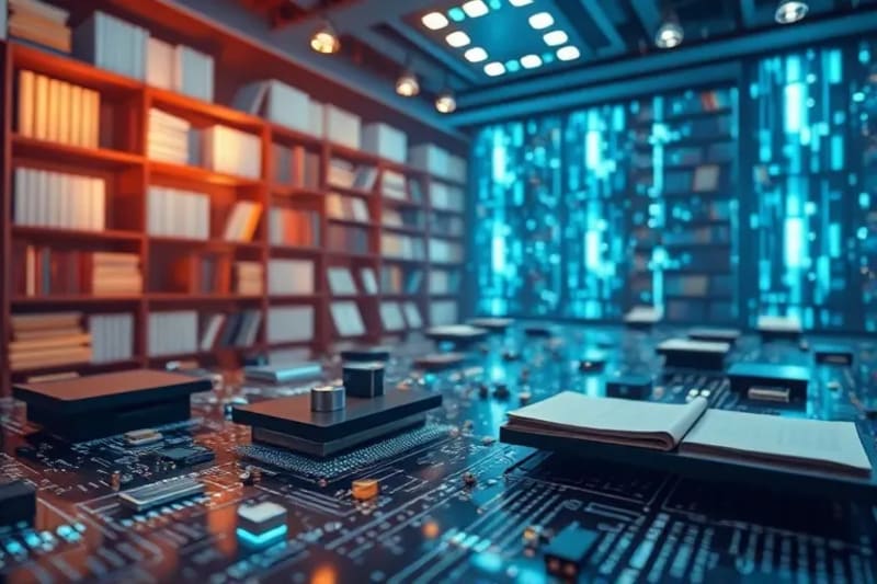 Biblioteca futurista con libros disolviéndose en píxeles y nuevas formas artísticas