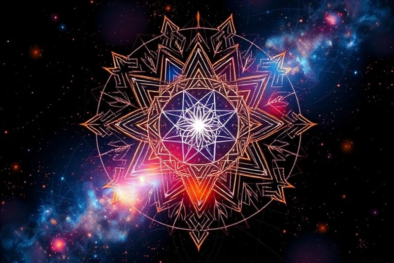 Ilustración vectorial de vías digitales abstractas y nodos conectando símbolos planetarios, con flujos de datos, representando la interconexión de los tránsitos digitales.