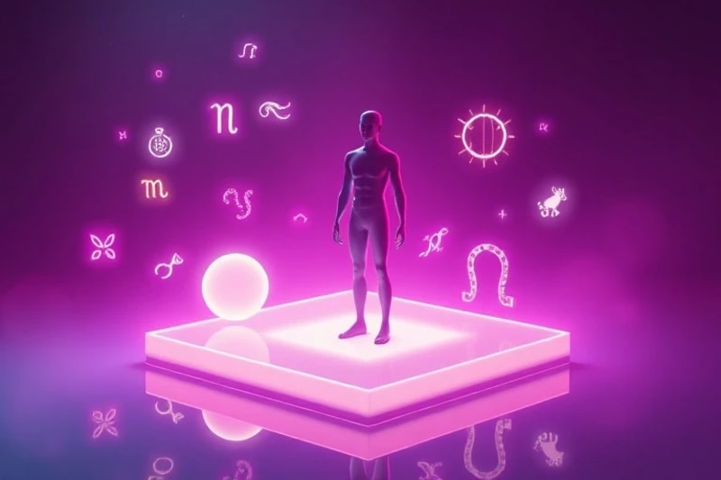 Render 3D de una silueta humana estilizada sobre una plataforma digital brillante, rodeada de objetos virtuales flotantes y glifos astrológicos, con iluminación etérea.