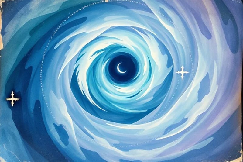 Abstract digital painting of swirling blues, greens, and purples, forming a harmonious vortex with subtle glowing balance symbols and a crescent moon shape.
