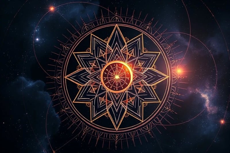 3D render of an intricate cosmic clockwork mechanism with gears and celestial bodies, focused on a glowing energy sphere at its center.