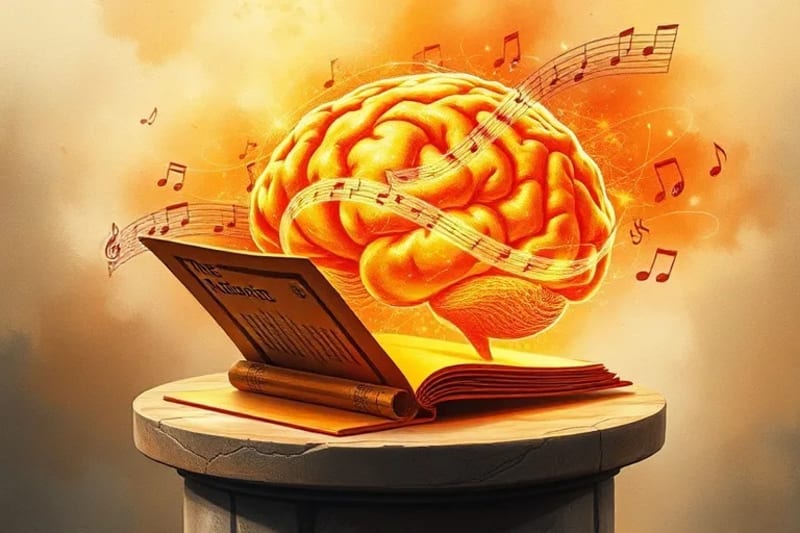 Representación abstracta de cerebro humano con ondas cerebrales y notas musicales
