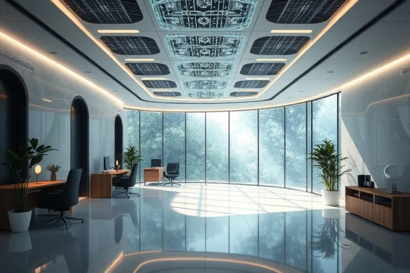 3D render of a futuristic office with advanced materials for comfort and air quality.