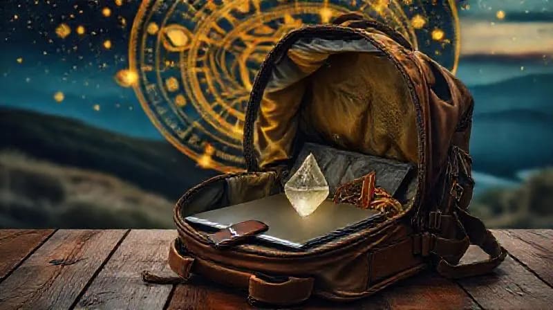 Bodegón de un portátil, pasaporte y una planta pequeña dentro de una mochila de viaje, simbolizando el equilibrio y la armonía para el nómada digital.