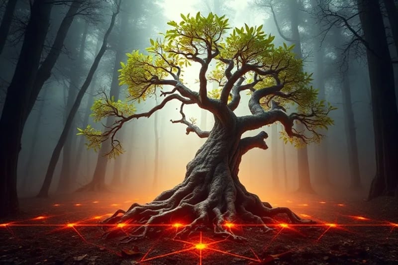 Digital painting of a gnarled tree with glowing roots, symbolizing deep healing and resilience amidst mist