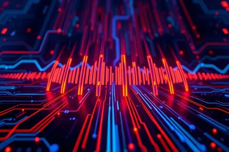 Un circuito impreso moderno con chips de comunicación inalámbrica, rodeado de ondas de radio estilizadas que se extienden hacia el horizonte, simbolizando la conectividad global, iluminación futurista, vista macro.