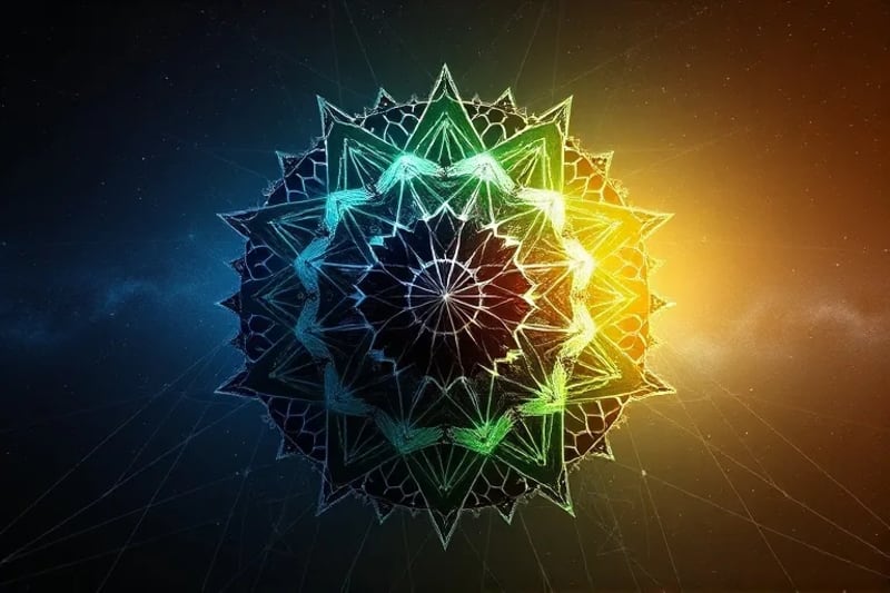 Abstract 3D render showing fragmented geometric shapes transforming into harmonious, interconnected forms, symbolizing evolutionary growth