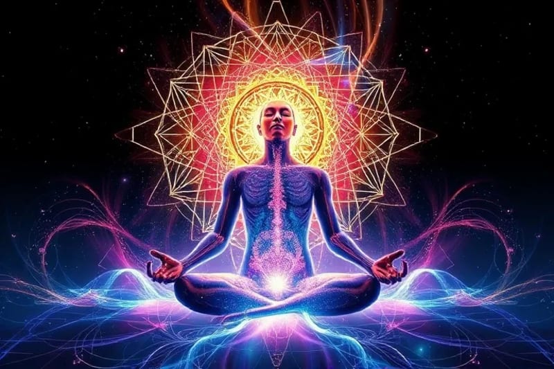 Person meditating with sound frequencies