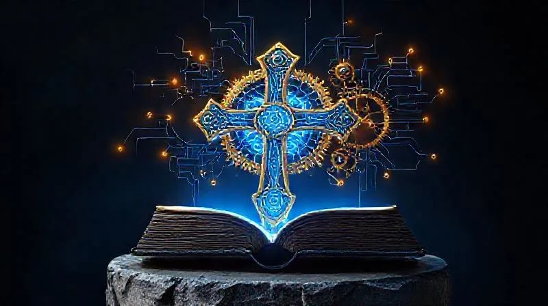 Engranajes y símbolos religiosos entrelazados en una representación abstracta