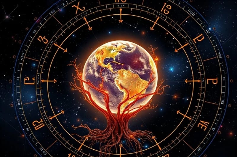 Planeta Tierra sostenido por raíces y enredaderas energéticas que emiten luz curativa, con patrones cuánticos y vibracionales.