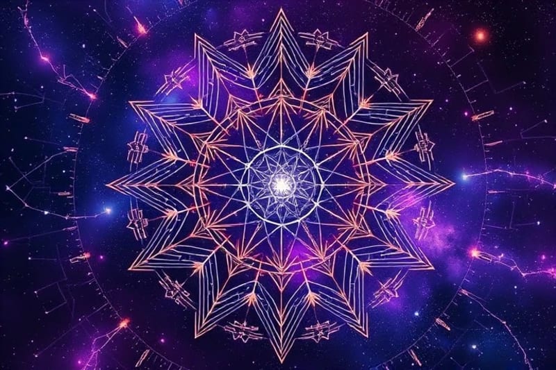 Abstract depiction of neural networks intertwining with astrological symbols, representing the complex algorithms of AI astrology.