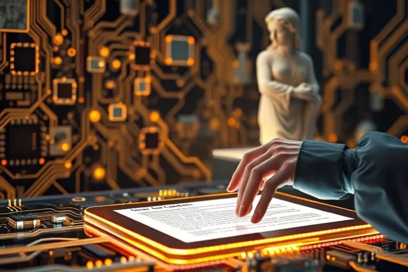 Render 3D de un contrato legal futurista en una tablet, rodeado de nodos de red neuronal y una mano digital alcanzando una escultura clásica.
