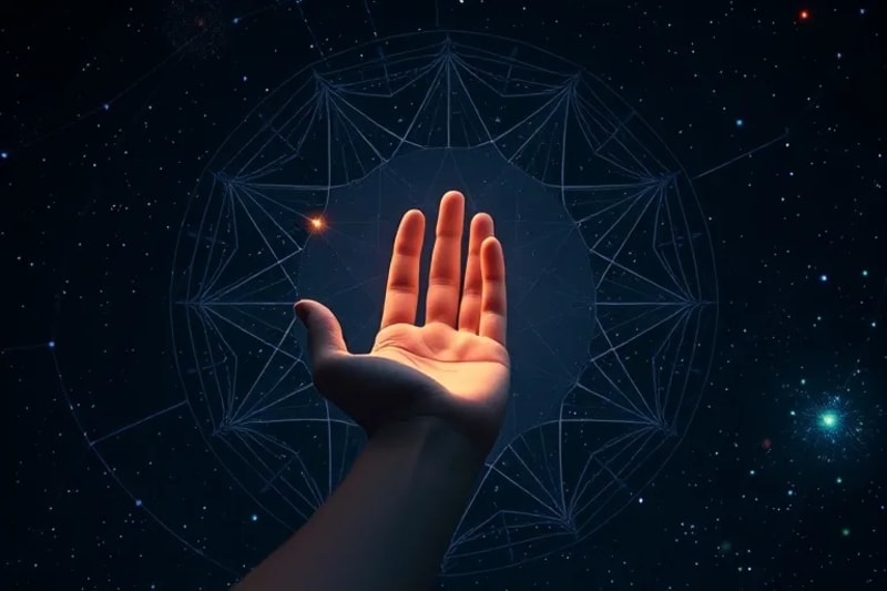 Stylized human hand reaching towards a constellation of data points, surrounded by subtle code lines, symbolizing the human-tech interface in spiritual exploration.