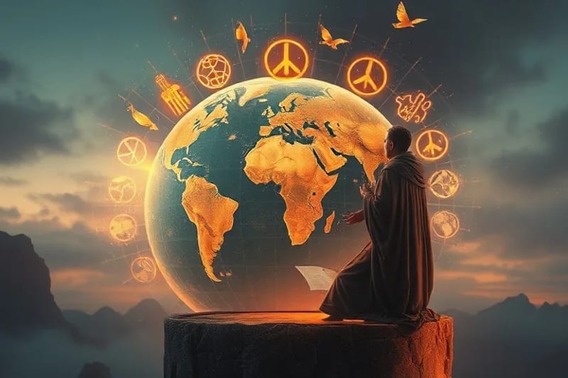 Figura humana escuchando mensajes etéreos que se elevan sobre un globo terráqueo fragmentado.
