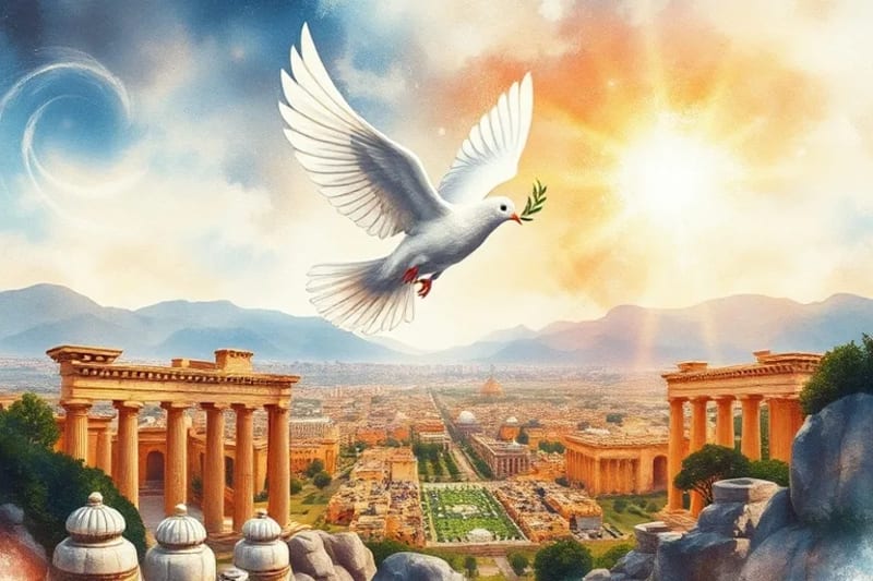 Paloma con rama de olivo volando sobre un paisaje que mezcla ruinas antiguas y ciudades modernas.