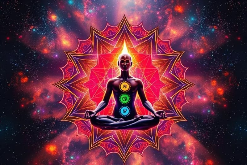 Ilustración digital de una figura humana con los siete chakras principales iluminados, rodeada de alimentos coloridos que corresponden a cada centro energético.