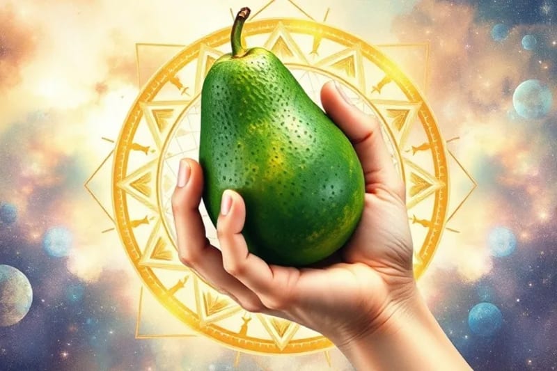 Ilustración acuarela de una mano sosteniendo un aguacate, con símbolos astrológicos sutiles integrados, representando la conexión intuitiva entre la alimentación y la astrología.