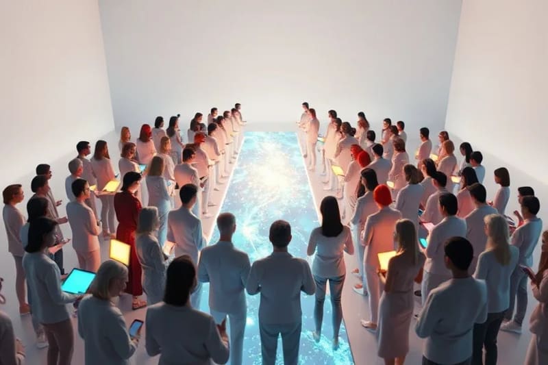 Open Ledgers and Collective Trust Conceptual illustration of diverse, anonymous figures observing a glowing, open ledger of transparent data, symbolizing collective oversight.