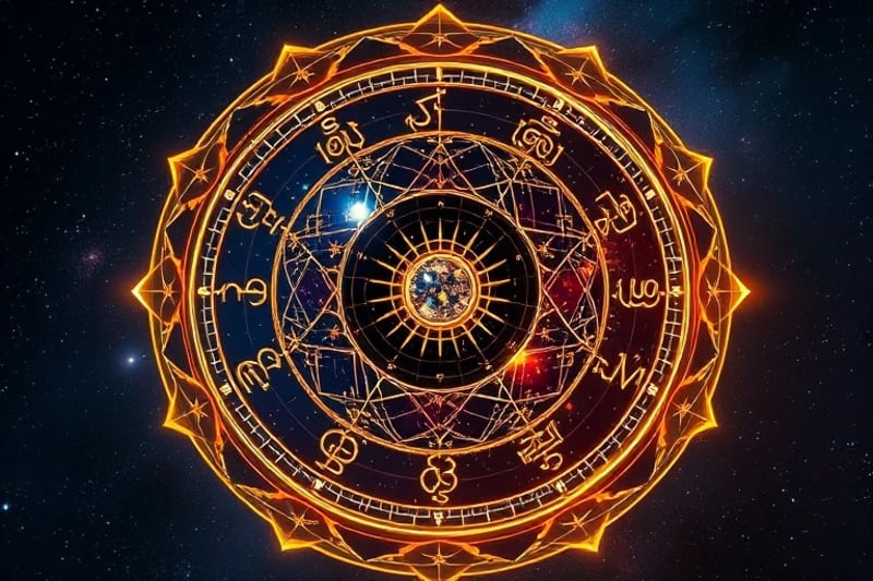 Stylized overlapping astrological birth charts with glowing connections, representing relationship dynamics