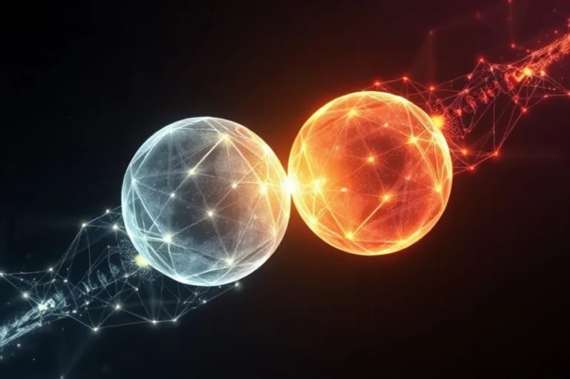 Abstract cosmic energy flowing between two ethereal figures, symbolizing a fated connection with astrological symbols
