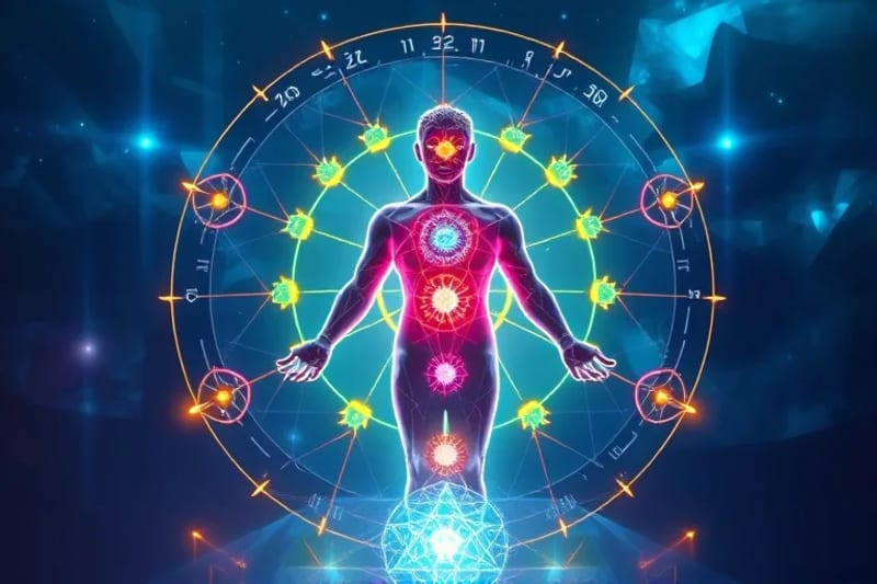 Diagrama de chakras y rejilla de cristales interconectados