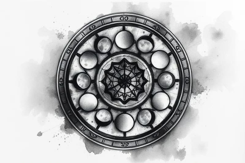 Watercolor painting of interconnected astrological symbols in a circular pattern, with ancient scrolls in the background.